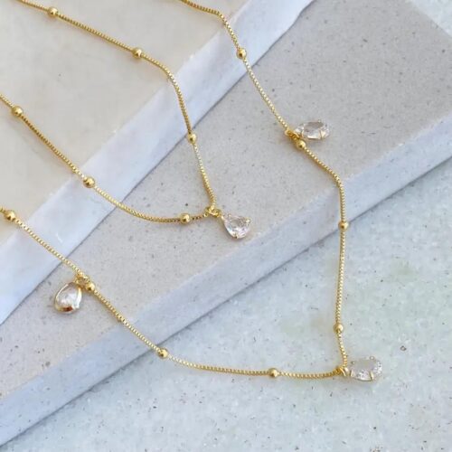 Colar Duplo Malha Bolinhas e Gota de Zircônia