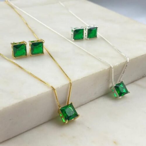 Conjunto Zircônia Quadrada Verde