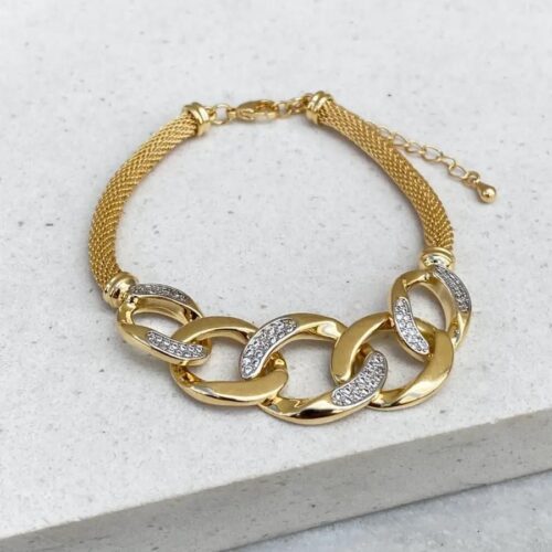 Pulseira Malha Tranças Elos Cravejados