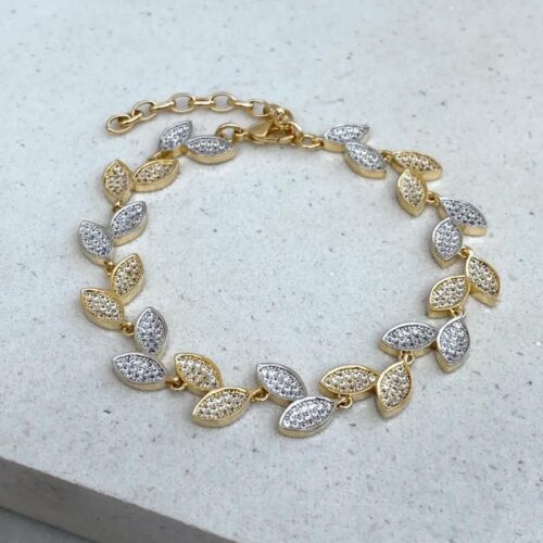 Pulseira Festa Folhas Cravejado Zircônia Rhodium