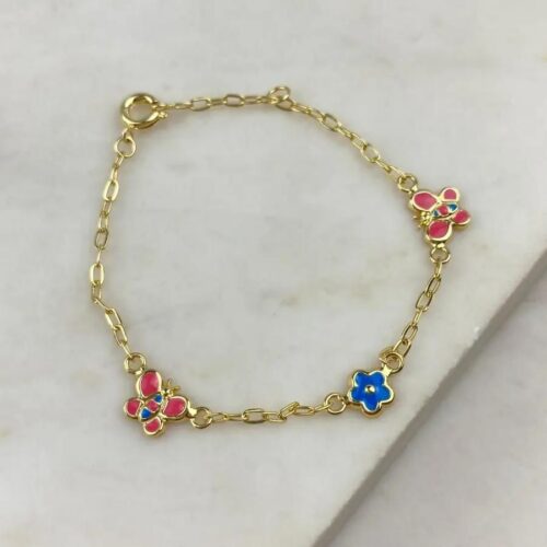 Pulseira Infantil Borboletas e Flor Coloridas