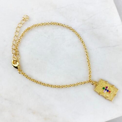 Pulseira Elo Português com Pingente Placa Cruz Cravejada Zircônia Colorida