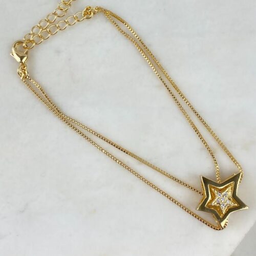 Pulseira Veneziana Dupla Estrela Lisa e Cravejada com Zircônia