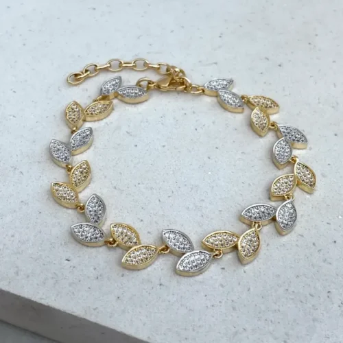 PULSEIRA FESTA FOLHAS CRAVEJADO ZIRCÔNIA RODIUM