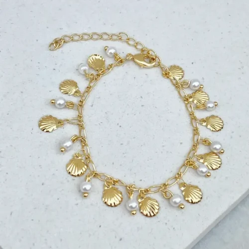 PULSEIRA PINGENTES MINI CONCHAS E PÉROLAS PEQUENAS
