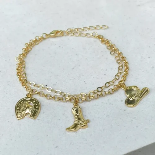 PULSEIRA MALHA DUPLA PINGENTE CHAPÉU, BOTA E FERRADURA