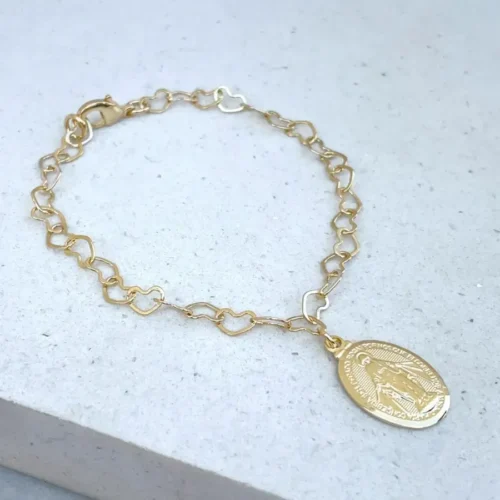 PULSEIRA MALHA CORAÇÃO PINGENTE NOSSA SENHORA DAS GRAÇAS