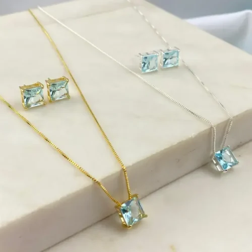 Conjunto Zircônia Quadrada Cristal Azul