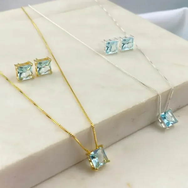 Conjunto Zircônia Quadrada Cristal Azul