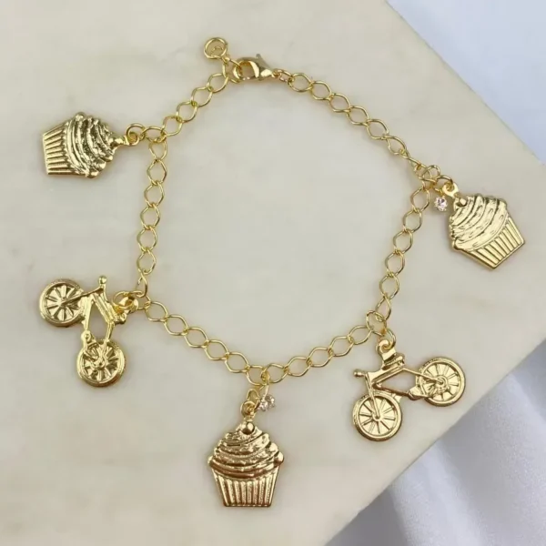 Pulseira Pingente Bicicleta e Cupcake