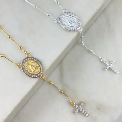 Colar Terço medalha zircônia