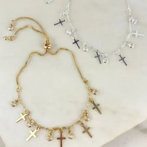 PULSEIRA PINGENTE CRUZ + ZIRCÔNIAS REGULÁVEIS