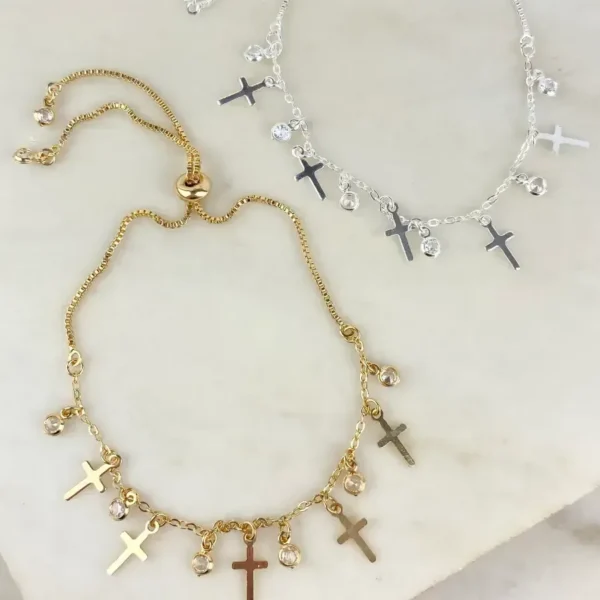 PULSEIRA PINGENTE CRUZ + ZIRCÔNIAS REGULÁVEIS