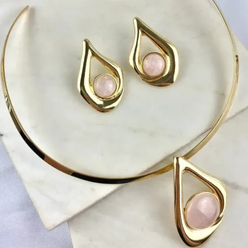 Conjunto Aro Pedra Quartzo Rosa