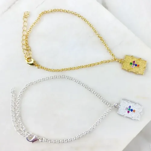 Pulseira Elo Português Placa com Zircônia Colorida