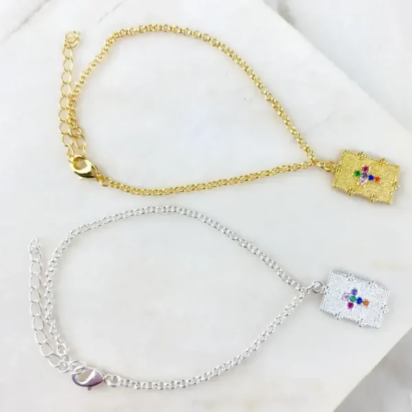 Pulseira Elo Português Placa com Zircônia Colorida