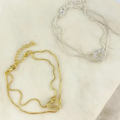 Pulseira Veneziana Dupla Coração Pequena com Zircônia