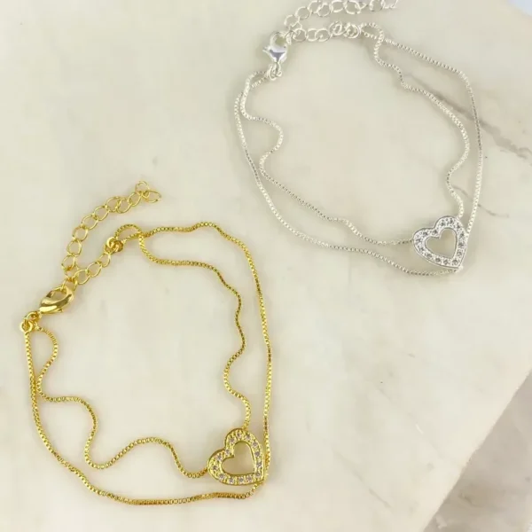 Pulseira Veneziana Dupla Coração Pequena com Zircônia